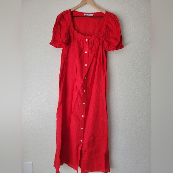Sleeper red 100% linen brigitte midi dress, small - Picture 3 of 7